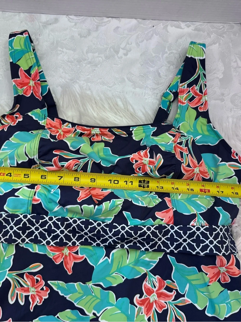 Lands' End 18W Mastectomy Tankini Top Blue Green Floral Swimsuit Modest